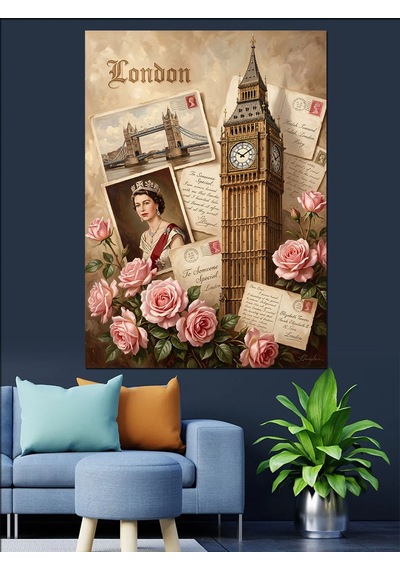 Londra Big Ben Ve Güller Kolaj Dekoratif Kanvas - Mdf Ahşap Tablo