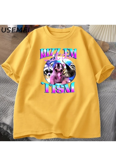 Flood Of Style Rizz Em İle Tism Komik T Shirt Erkekler Vintage Rakun Bootleg T-shirt Otizm Tees Kısa Kollu P Sarı