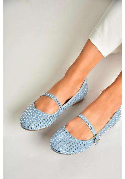 Fox Shoes U726634504 Mavi Kot Kumaş Taş Detaylı Kadın Babet Mavi Kot-kumaş