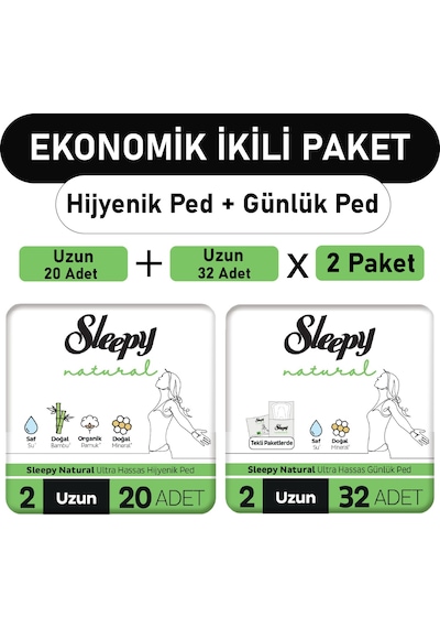 Sleepy Natural Ultra Ped Uzun 20'li + Uzun Günlük Ped 2 x 32'li