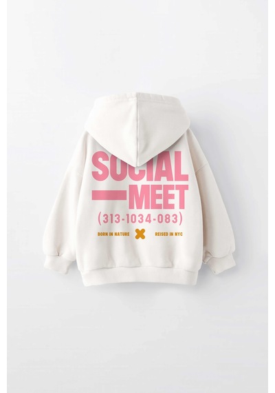 Kız Çocuk Socıal Meet Baskılı Kapüşonlu Manşetli Sweatshirt Krem
