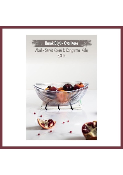Storeşahin Akrilik Barok Şeffaf Büyük Oval Meyve & Salata Kasesi & Karıştırma Kabı / 3,3 Lt Cam Değildir Shn0720