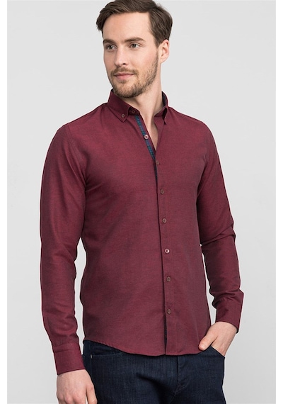 Tudors Erkek Slim Fit Dar Kesim Uzun Kollu Pamuklu Oxford Doku Kolay Ütülenebilir Bordo Düğmeli Yaka Gömlek-12623 Bordo