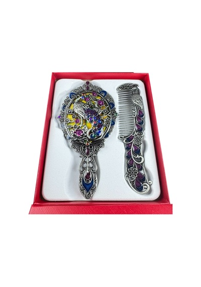 Tavus Kuşu Desenli Vintage Ayna Tarak Seti Özel Tasarım Ve Özel Kutulu 13,5 Cm & 13 Cm Çok Renkli 841684427