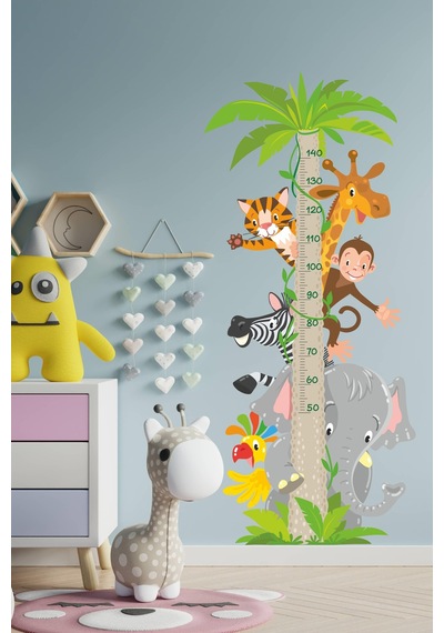 Sevimli Safari Hayvanları Temalı Boy Ölçer Duvar Sticker Boy Cetveli