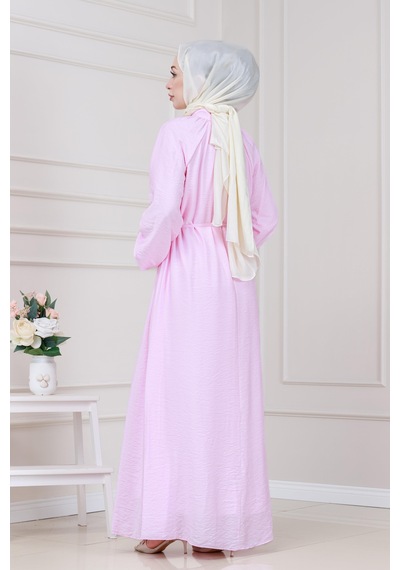 Sevitli Yakası Bağcıklı Lara Elbise-pembe-5327 Pembe