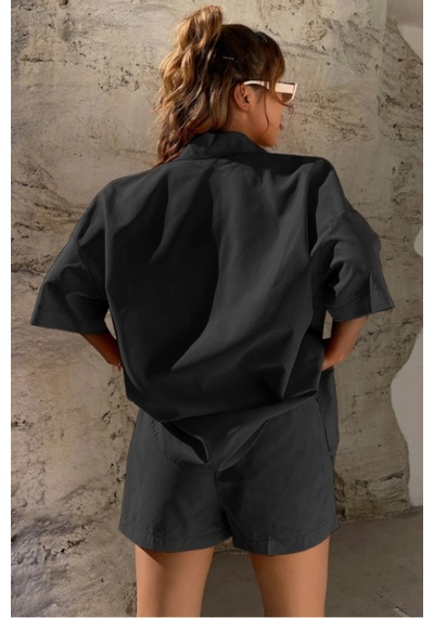 Cool Tarz Kadın Oversize Gömlek Şort Takım Yazlık 2 Li Kombin Rahat Kesim Siyah
