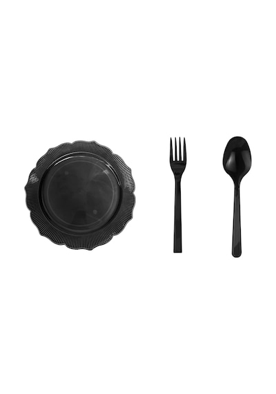 Omeyva 26 Cm. Siyah Sorfa Davet Seti - Sert Mika Plastik - 24 Kişilik Tabak Çatal Kaşık Takımı