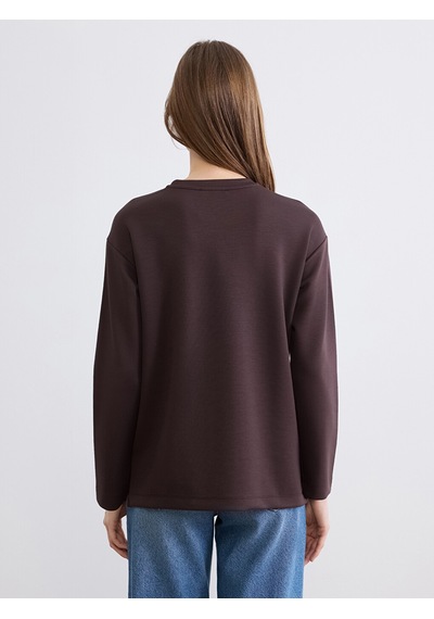Lcw Comfort Kahverengi Bisiklet Yaka Baskılı Soft Touch Kadın Sweatshirt
