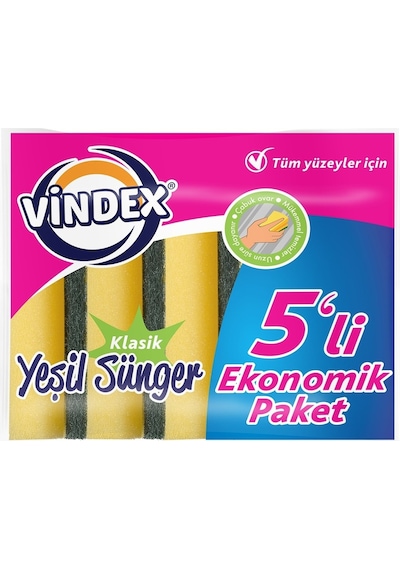 Vindex Klasik Yeşil Düz Bulaşık Süngeri 5 Adet
