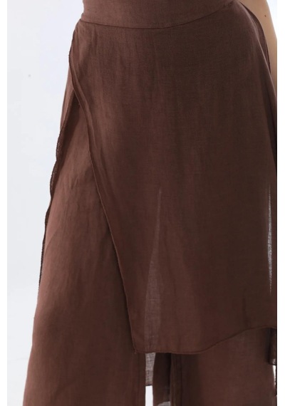 Bohem Stil İtalyan Ham Keten Pantolon Etek-8747 Kahverengi