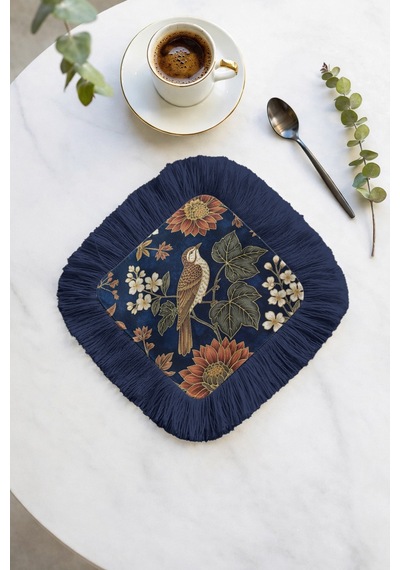 Lüks Kuş Çiçek Motifli Saçaklı Sunum Peçetesi - Vintage Rustik Lacivert Bardak Altlığı Mendil Çok Renkli