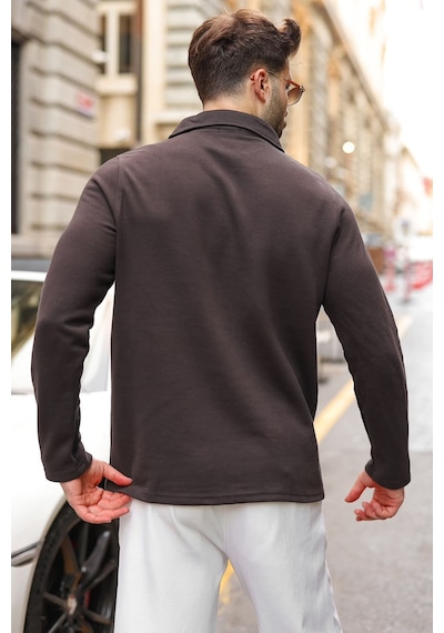 Madmext Acı Kahve Yarım Fermuarlı Polo Yaka Dokulu Erkek Sweatshırt E7197 Acı Kahverengi