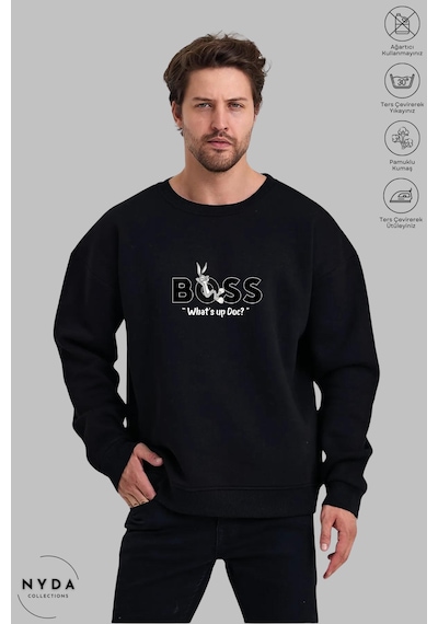 Unisex Bugs Bunny Baskılı Bisiklet Yaka Kapüşonsuz Şardonlu Oversize %100 Pamuk Penye Sweatshirt Siyah