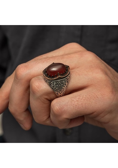 Akik Taşlı Kakma Oyma Motif 925 Gümüş Erkek Yüzük