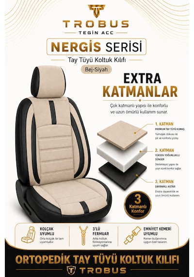 Renault Clio 5 2020 Ve Sonrası Uyumlu Nergis Serisi Bej Siyah Oto Koltuk Kılıfı