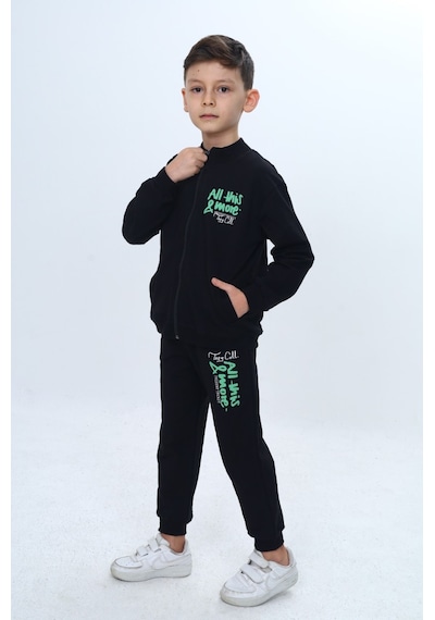 Toontoy Kids Toontoy Erkek Çocuk Göğüsü Kabartma Baskılı Fermuarlı Eşofman Takım Siyah