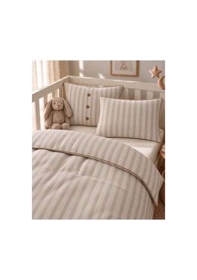 H&c Bebek Nevresim Takımı Keten Dokulu 4 Parça Biyeli Çizgili Beşik 100x150 CM Nevresim Seti Çarşaf Kahverengi Krem Çizgili - Bej Biyeli