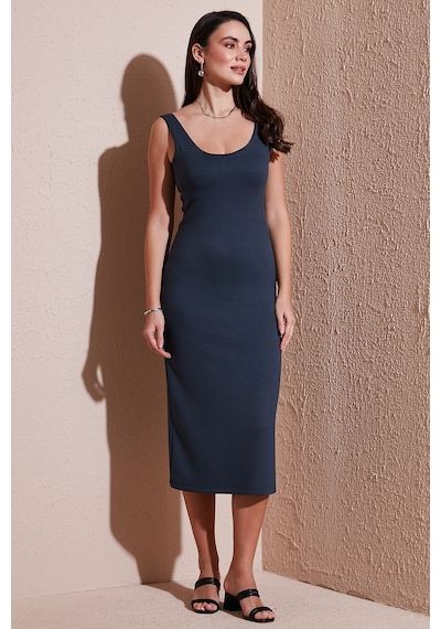 Lela Slim Fit Kalın Askılı Midi Bayan Elbise 5866154 Füme