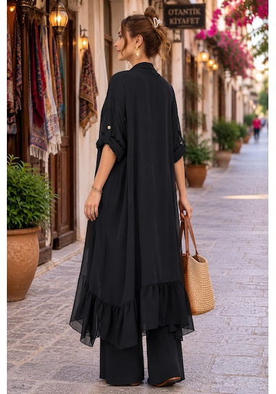 Bohem Stil Itayan Ipek Detaylı Oversize Kaftan- Pantolon Takım Siyah