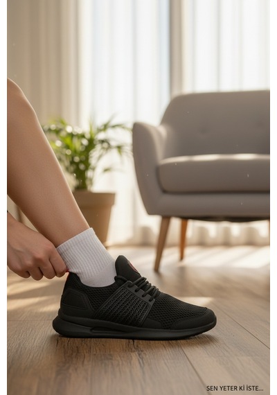 Enoch Erkek Spor Ayakkabı Tam Siyah Sneaker Kırmızı Detaylı Fileli Yürüyüş Modeli Siyah
