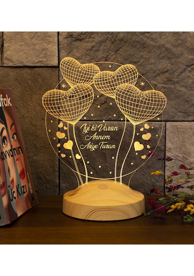 Anneye Hediye, İsimli Anneler Günü Hediyesi, Anneye Doğum Günü Hediyesi Balon Kalpler Küre Kişiye Özel 3D Led Lamba