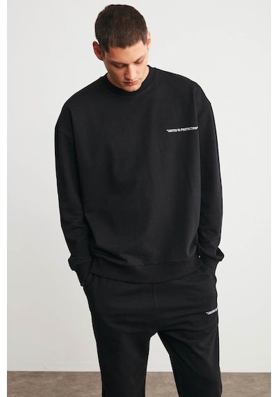 Grimelange Raırok Erkek İçi Polarlı Comfort Oversize Nakışlı Siyah Sweat