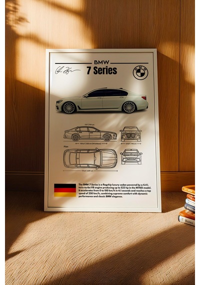 Bmw 7 Serisi Tablo - Teknik Özellikli Alman Lüks Sedan Poster - Çerçeveli Duvar Dekoru - Blueprint Beyaz
