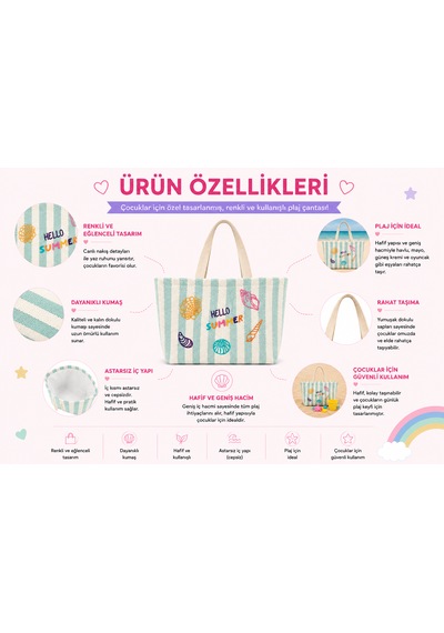 İcone Bag Çocuk Plaj Çantası, Nakışlı Çizgili Kız Plaj Çantası, Kids Beach Bag, Lila Çizgili Çocuk Plaj Çantası Yeşil