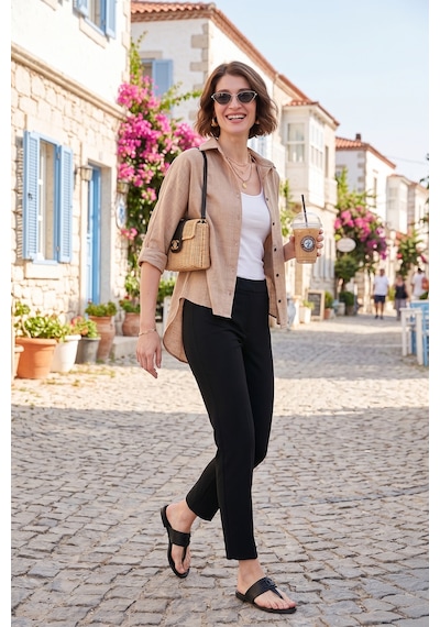 Lela Oversize Fit Önü Kısa Arkası Uzun Truvakar Kol Bayan Gömlek 5866116 Bej