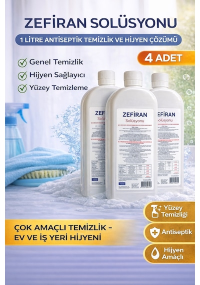 Zefiran Solüsyonu 1 Litre 4 Adet Set Antiseptik Hijyen Ve Çok Amaçlı Temizlik Solüsyonu