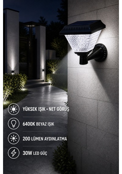 Astec Kristal Solar Led Duvar Aplik 30w 6400k Beyaz Işık Ip64 Dış Mekân Bahçe Duvar Aydınlatma Prizmatik