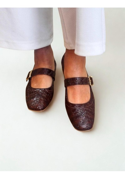 Ne&ve Shoes Kahve Hakiki Deri Örgü Desen Baskılı Kare Burunlu Tek Bantlı Kadın Şık Ve Rahat Babet Kahverengi