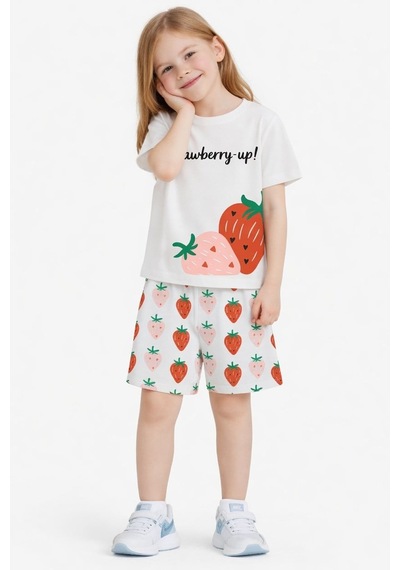 Name Baby & Kids Kız Çocuk Şortlu Yazlık Pijama Takımı - Çilek Nbk-6154 Ekru
