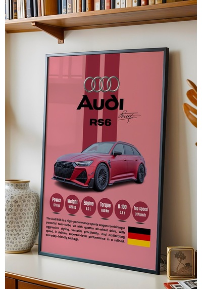 Audi Rs6 Premium Spor Araba Çerçeveli Tablo - Teknik Özellikli Otomobil Sever Duvar Dekoru Siyah