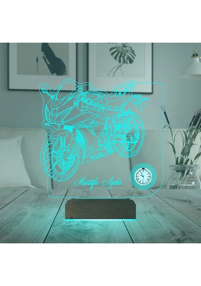 Luvivia Motorsiklet Motorcu Hediye Kişiye Özel Metal Saatli 3d Lamba - Masa Gece Lambası Şeffaf