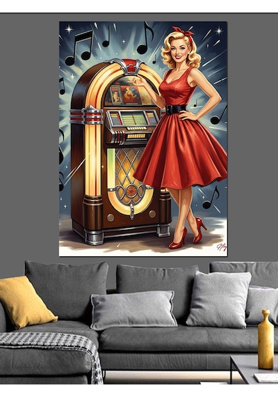 Ahşap Tablo Retro Müzik Kutusu Önünde Kadın İnsan Figürlü Tablolar