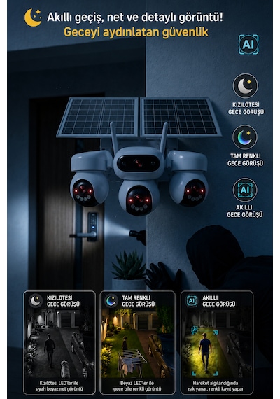 SIM-5874 Çift Solar Panelli 4G SIM Kartlı 3 Lensli PTZ Akıllı Dış Mekan Güvenlik Kamerası HD Suya Dayanıklı IP Kamera