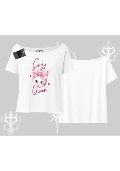 Tarzsokak Cozy Queen Kedi Baskılı Kayık Yaka Tshirt Beyaz