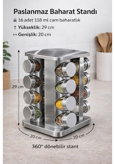Makri Home 16'lı Döner Baharatlık Seti Krom Kare Stantlı 118 Ml Cam Kavanoz 360 Döner 29x20 Cm Diğer
