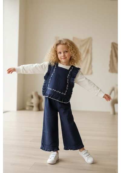 Mnk Baby & Kids Kız Çocuk Otantik Kot Pantolon Ve Bluz Takımı M00797 mavi