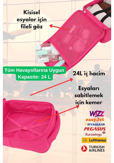Jet Turtle Seyahat Sırt Çantası 40cm 40x25x15 Cm Pegasus, Wizz Air, Ryanair, El Valizi Koltuk Altı Valizi Fuşya