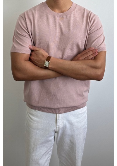 Cool Tarz Erkek Pembe Slim Fit Bisiklet Yaka Triko T-shirt Pembe Pembe