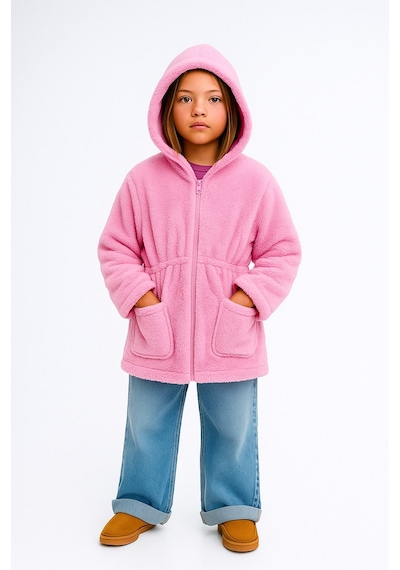 Esila Kids Kız Çocuk Ceket Peluş Kapüşonlu Uzun Kollu Kışlık Ceket 4-9 Yaş Fuşya