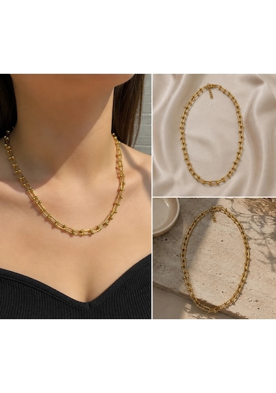 Premium Parlak Ve Şık Gold Renk Geometrik Zincir 316l Çelik Kadın Kolye 45cm Altın