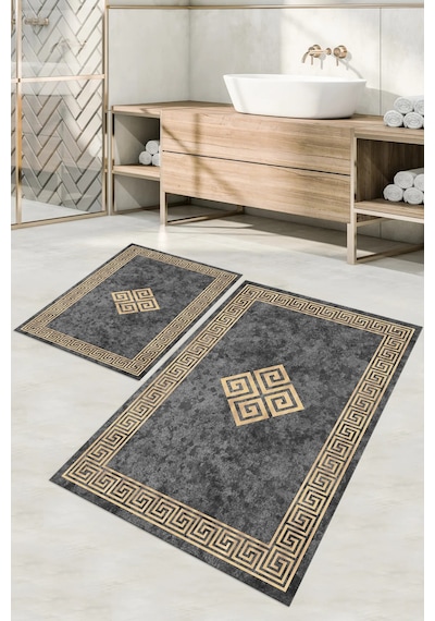 Buççin Online Mağaza Dijital Baskılı Yıkanabilir Çerçeveli Klasik Model Banyo Paspası Klozet Takımı Polyester Bej Çok Renkli