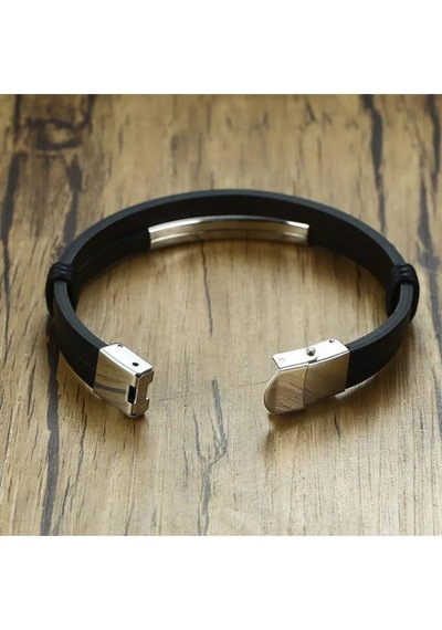 Brezza Lusso Jewelry Siyah Deri Zarif Tasarım Çift Sıra Erkek Deri & Çelik  Bileklik Siyah