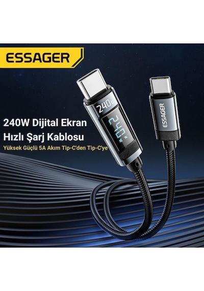 Essager 2 Metre 240w Dijital Ekranlı Type-c To Type-c Mega Hızlı Data Şarj Kablosu, Ultra Sağlam Halat Kablo Kopmaz