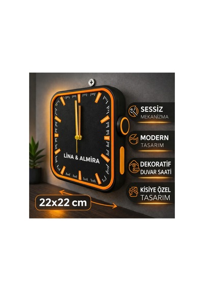 Kişiye Özel 3d Baskı Modern Duvar Saati 22x22 Cm Sessiz Mekanizma Dekoratif İsimli Saat Turuncu