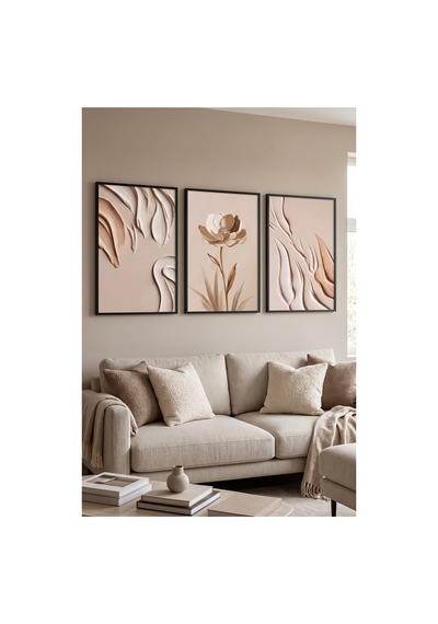 Siyah Ahşap Çerçeveli Bej Çiçek Ve Soyut Minimalist Üçlü Duvar Tablosu Modern Dekorasyon Kabartma Görünümlüdür Siyah
